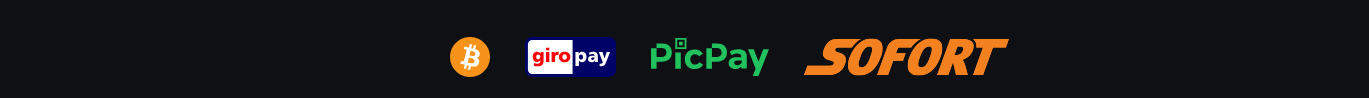 Casino payment methods banner featuring Bitcoin, giropay, PicPay, and Sofort for fast and secure deposits.
