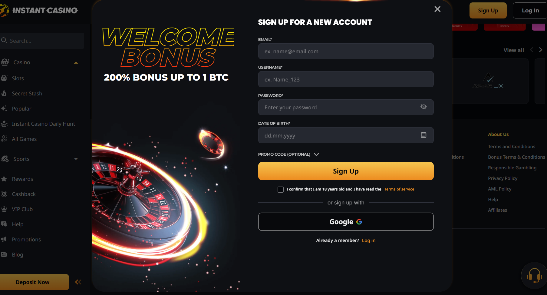 Casino sign-up form with 200% welcome bonus up to 1 BTC, secure registration fields, promo code option, and Google signup on a premium dark interface.