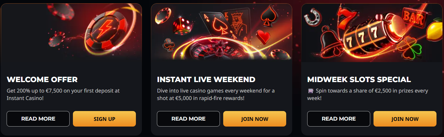 Casino promotions section featuring welcome offer, live weekend rewards, and midweek slots bonus with high payouts and strong CTA buttons.